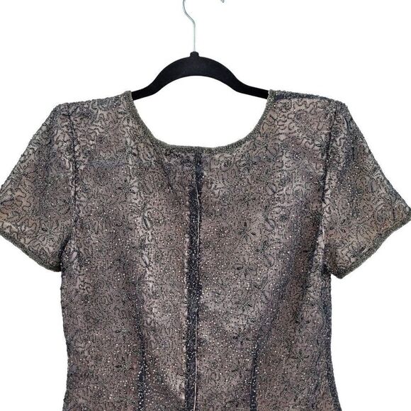 Vintage Adrianna Papell Formal Silk Beaded Short Sleeve Blouse 10P Gray Overlay - Picture 10 of 11